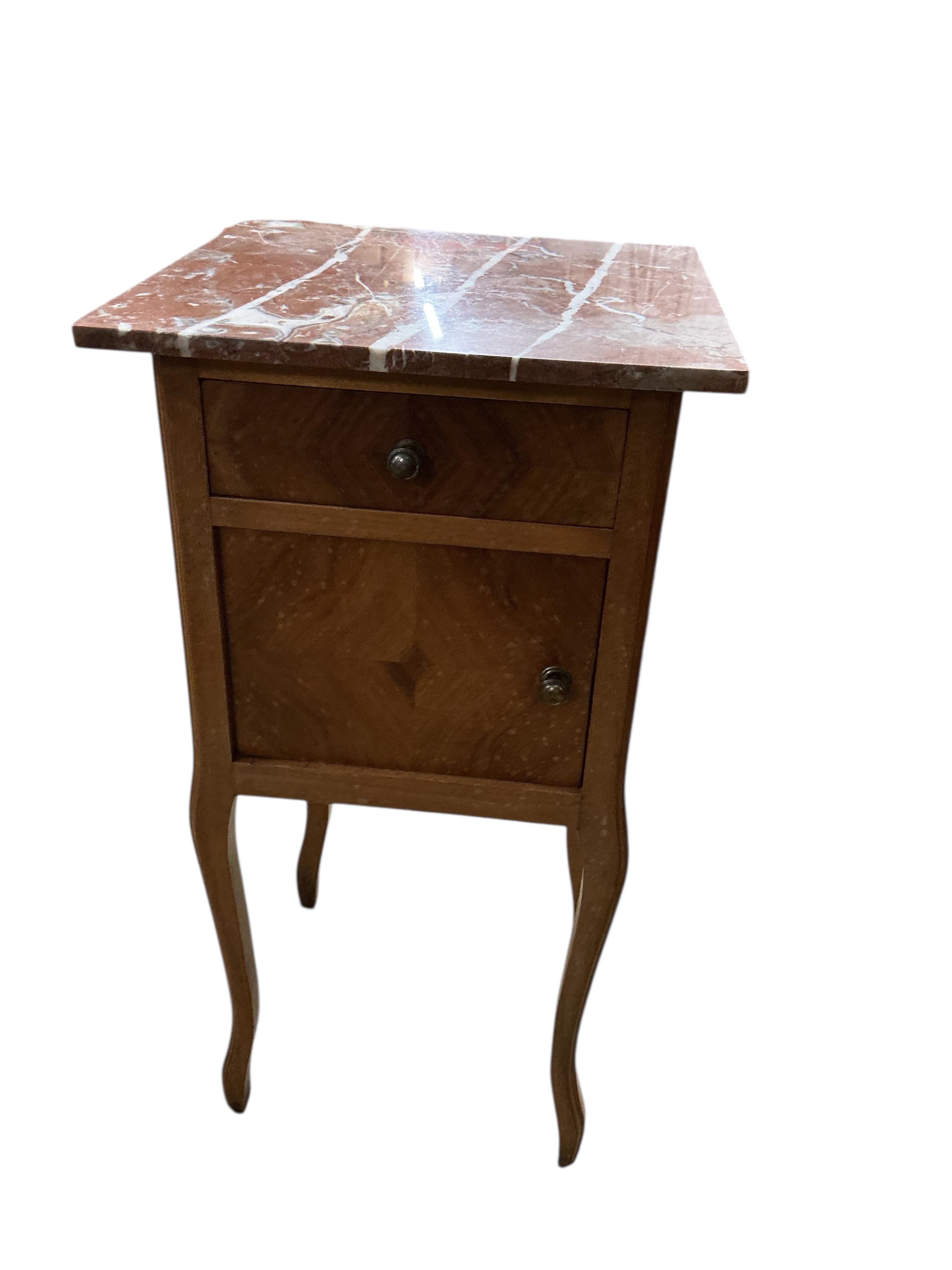 A pair of French walnut marble top bedside cabinets, width 39cm, depth 37cm, height 80cm